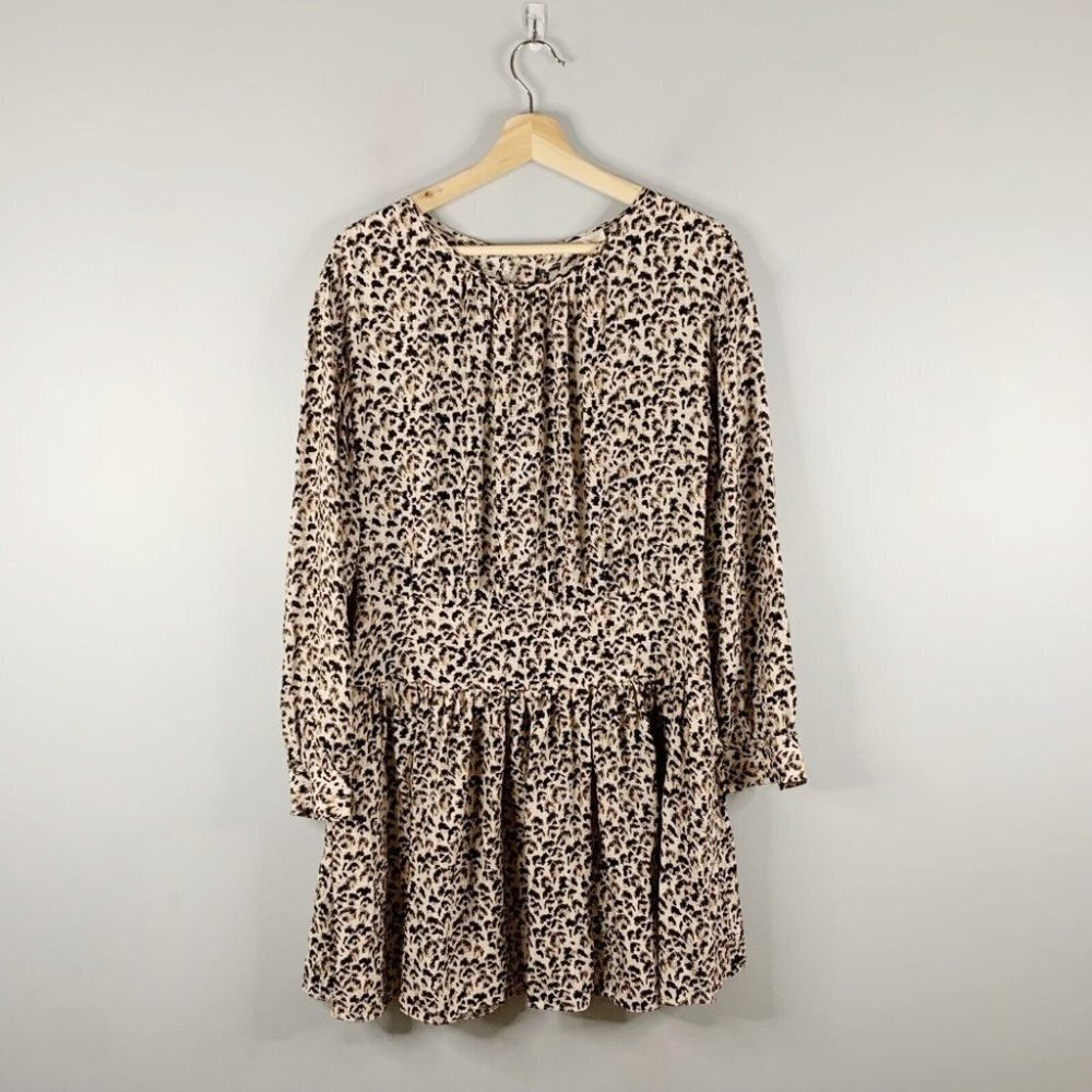 Rebecca Taylor Long Sleeve 100% Silk Mini Dress Leopard  Size 10 Brown Fit Flare